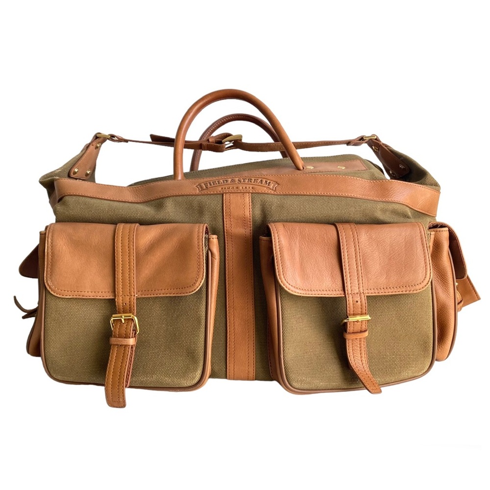 Field & Stream Duffle Bag Leather Canvas Overnight Travel Luggage Brown Tan Mens